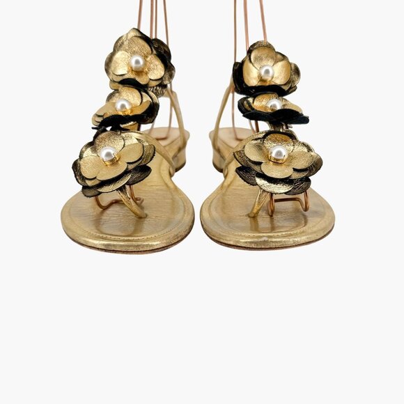 Chanel Camellia Pearl T-Strap Sandals Gold Leather Size 37C US 6–6.5 Women Flat - Picture 4 of 15